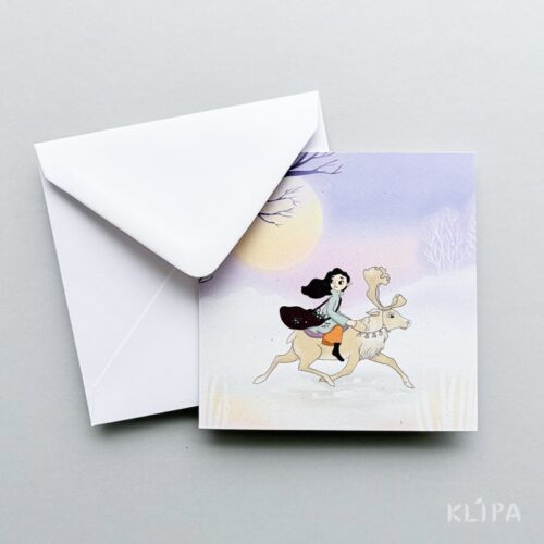 Felicitare ilustrata cu o poveste de iarna cu o fata care alearga pe un ren, ca trecerea dintre ani