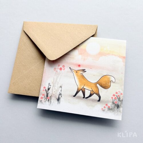 Felicitare ilustrata cu o vulpe care merge prin natura